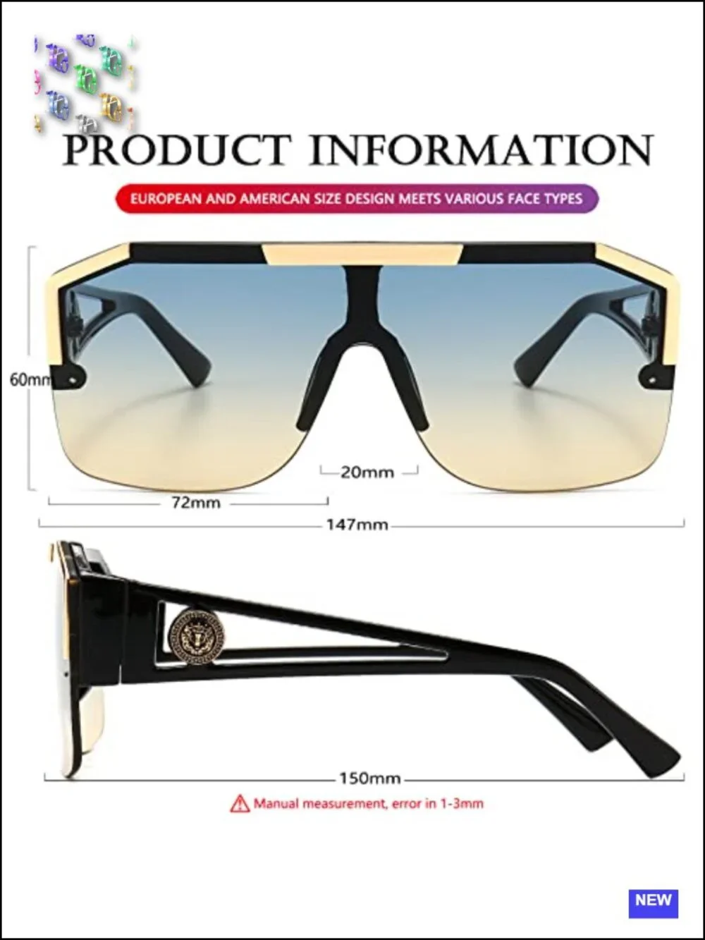 Oversized Square Shield Sunglasses for Unisex Adults Metal Frame UV Protection